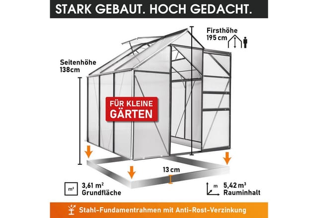 BRAST Gewächshaus Aluminium mit Fundament rostfrei 190x190x195cm TÜV geprüft, BxTxH: 190 x 190 x 195 cm, wetterfestes hochwertiges Aluminium, Temperaturbeständig, Wärmedämmend, Lichtbrechend & UV-stabilisiert