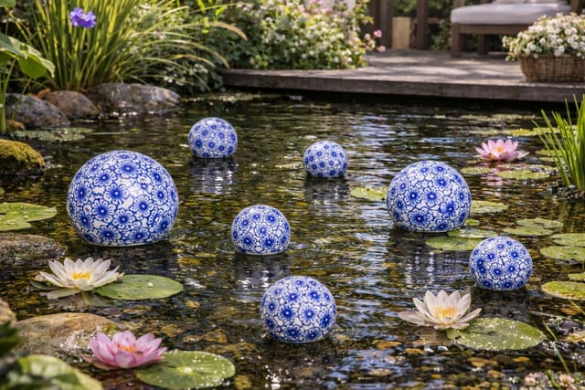 finehomegarden Teichfigur Schwimmkugel blau/weiß Ø4cm/Ø6cm/Ø7,5cm Blüten Porzellan Deko, (Set), Schwimmende Kugeln für Teich, Brunnen & Wasserschalen 3Größen wählbar