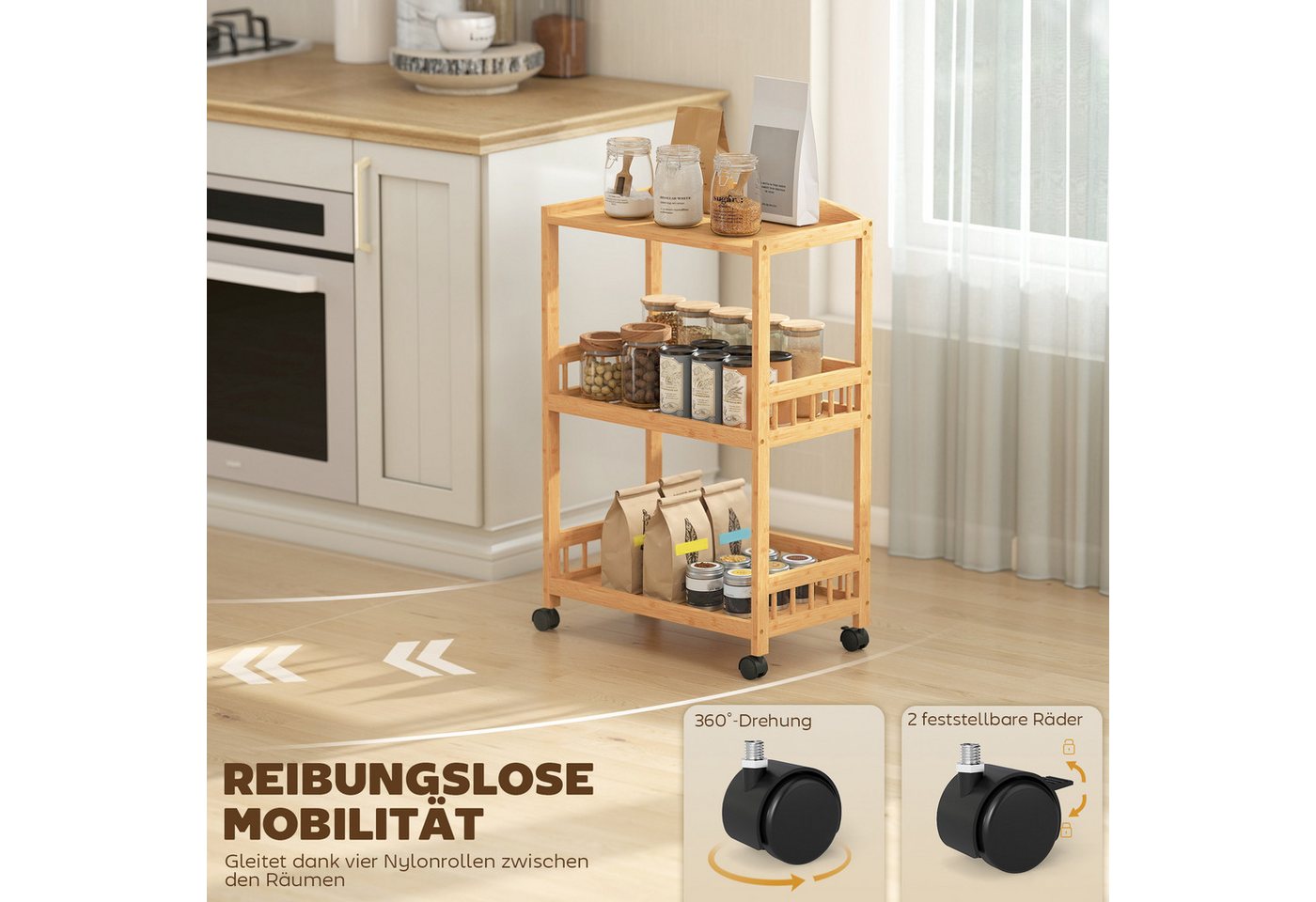 HOMCOM Küchenwagen Küchenrollwagen Allzweckwagen mit 3 Ebenen Stauraum, (Servierwagen, 1 St., Rollwagen), für Küche Bad Büro Wohnzimmer Naturholz Bild 5