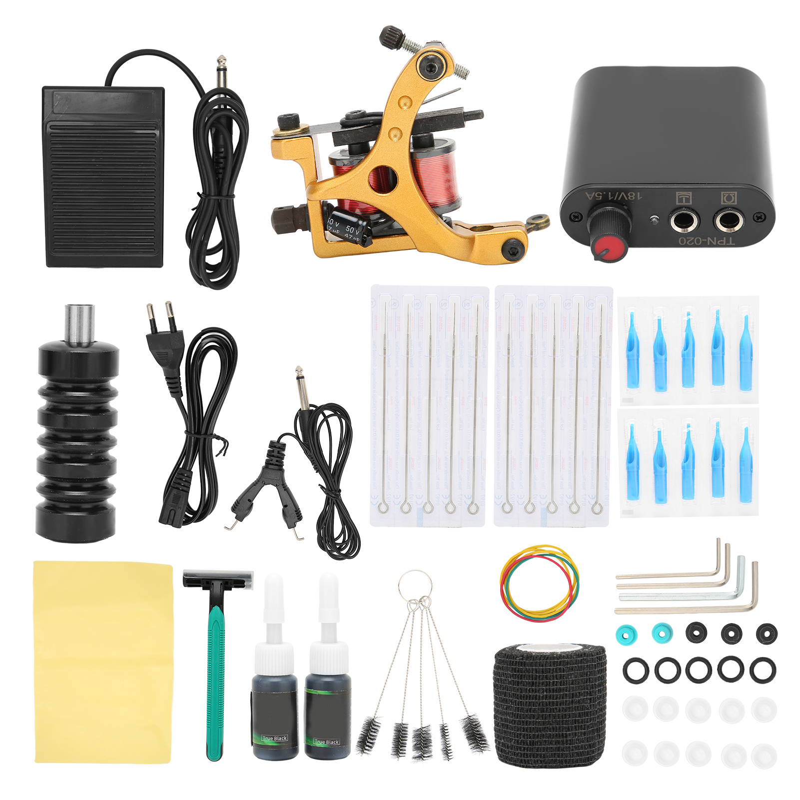 Komplettes Tattoomaschinen-set Mit Netzteil, 10 Spulen Und Eu-stecker (90–265 V)