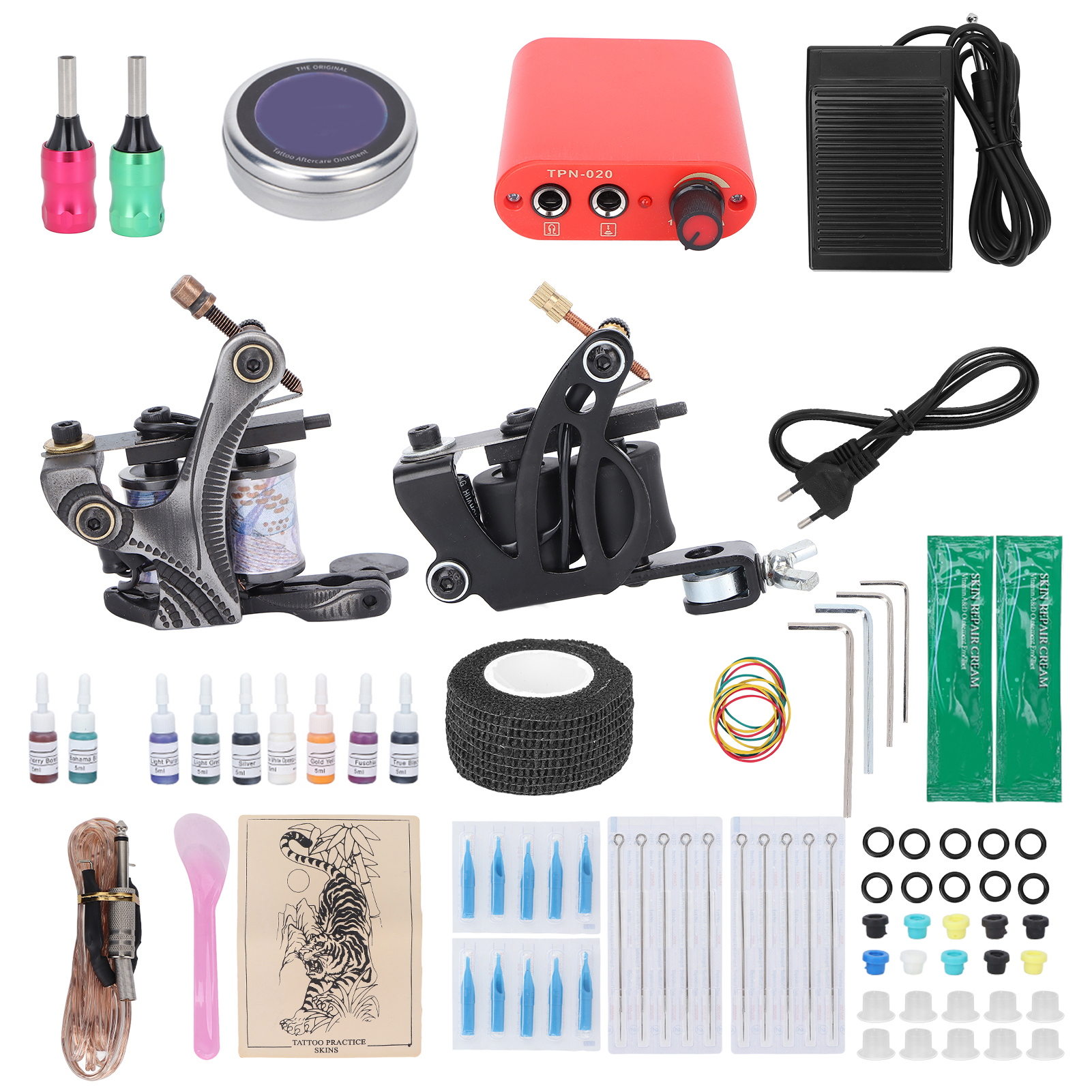 Komplettes Tattoo-maschinen-set Mit Shader Und Liner, Spulenmaschine Für Anfänger, 90–265 V Eu-netzteil
