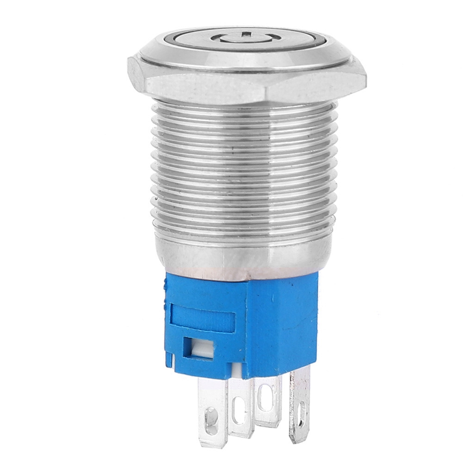 Flacher, Runder Metall-druckknopf (16 Mm), 12 V, Mit Gelbem Led-ring Und Ein-/aus-symbol, Automatische Rückstellung