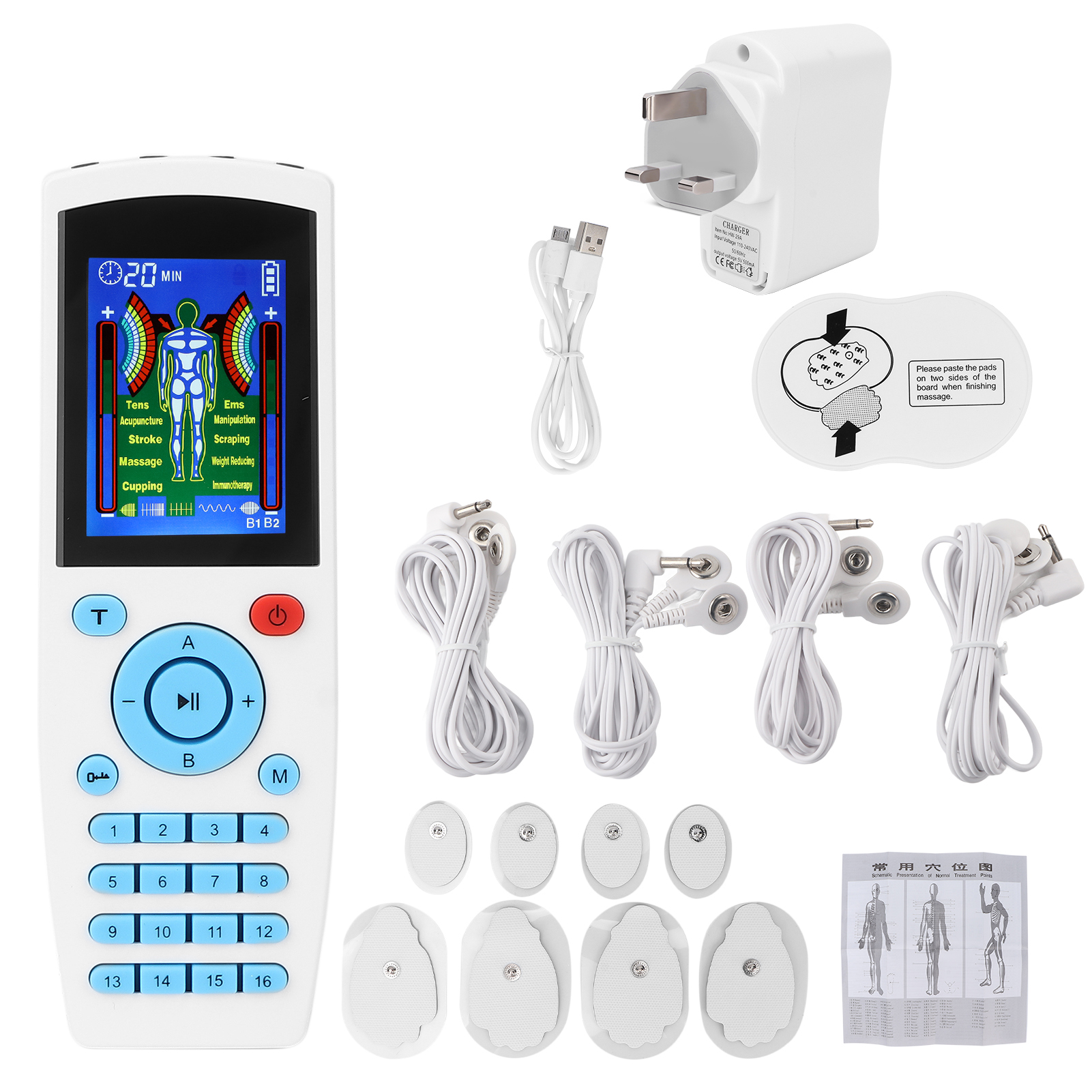 Ems-tens-muskelstimulator Mit 16 Modi – Schmerztherapiegerät – 110–240 V (uk-stecker)