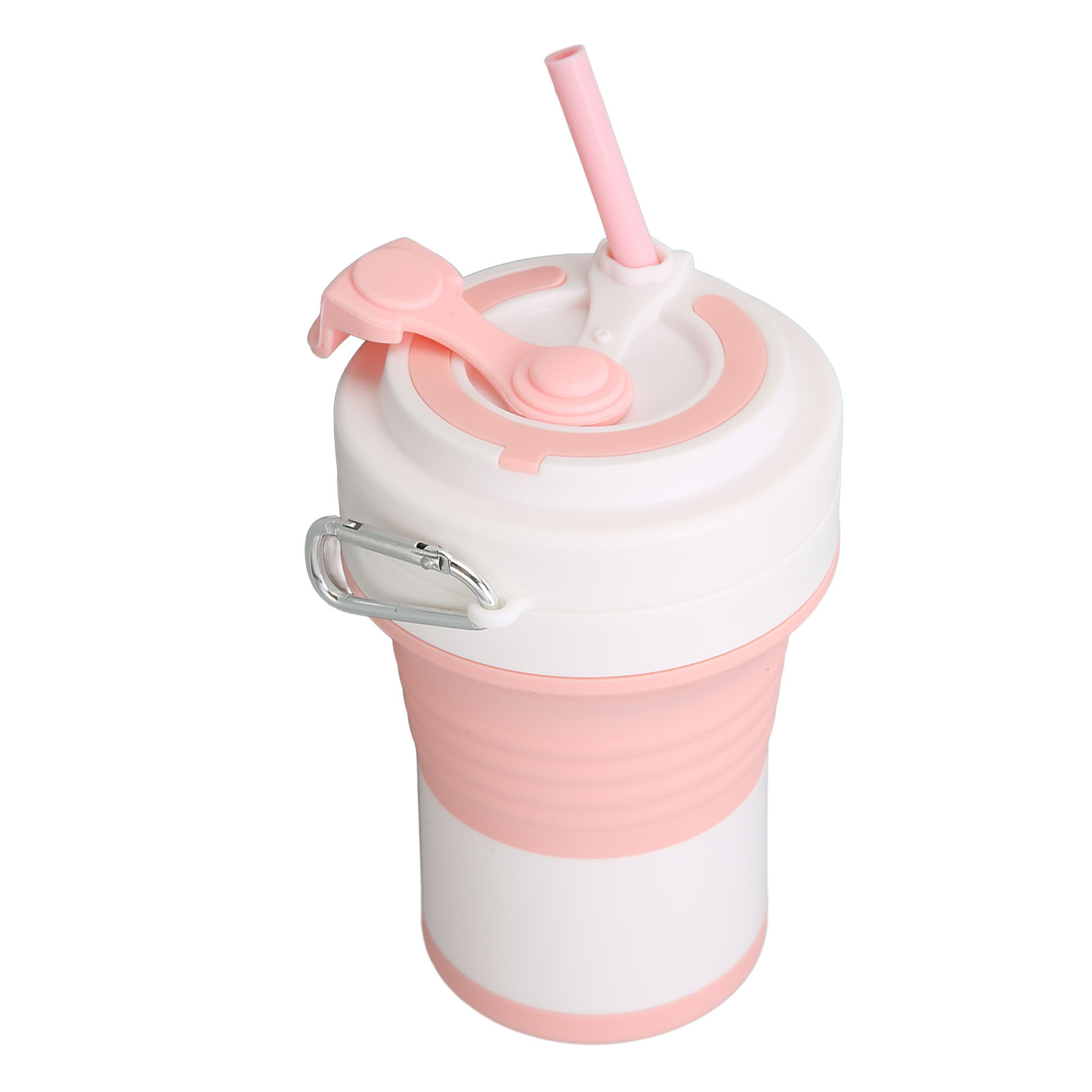 Faltbarer, Isolierter Silikonbecher (550 Ml) Mit Strohhalm, Auslaufsicher Und Mit Einziehbarem Deckel, Rosa Und Weiß