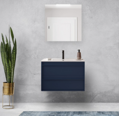 80 Cm Hängender Badezimmerschrank Aus Satinblauem Holz Mit Eingebautem Waschbecken – Astoria - - Accessorio: Con Colonna Specchio E Lampada Led