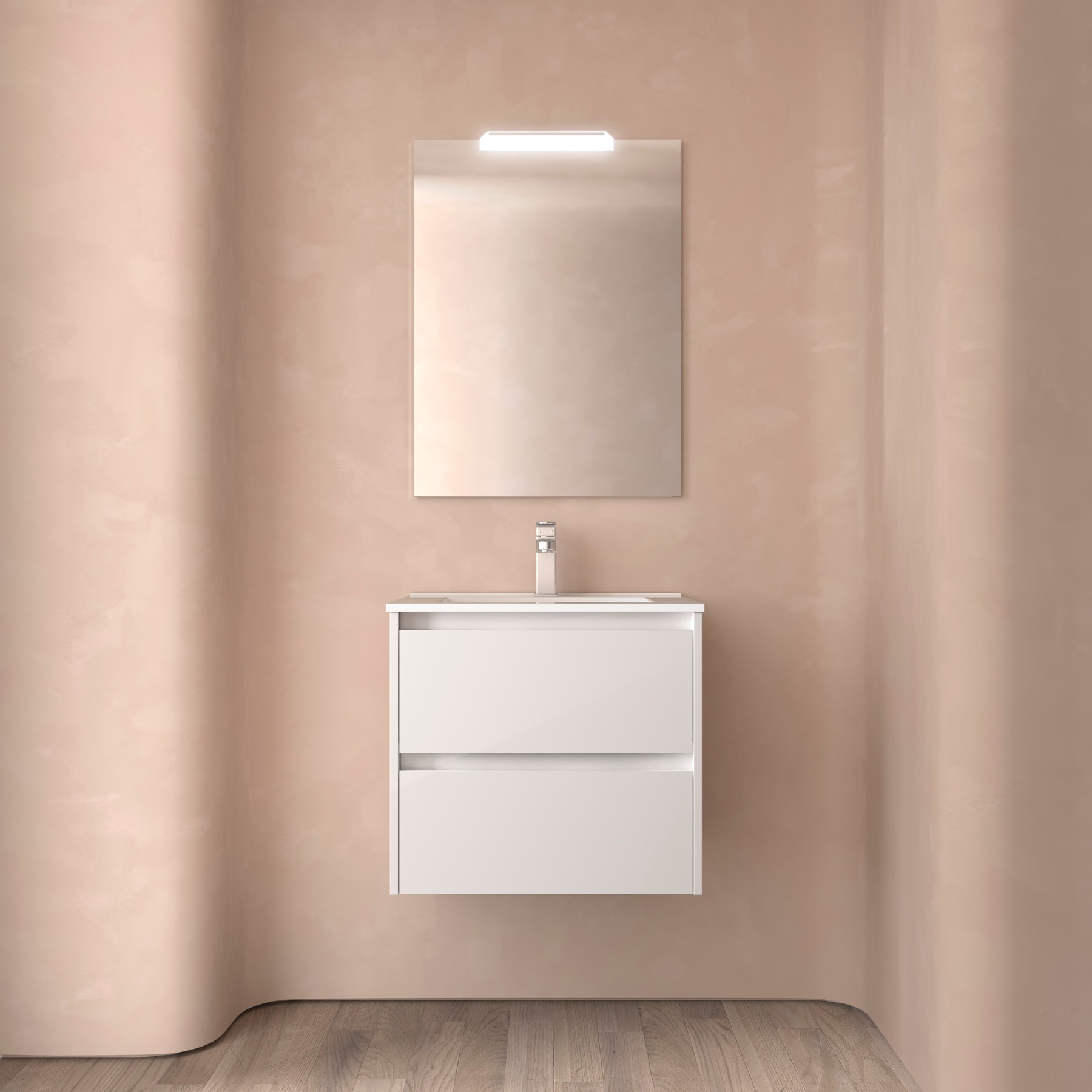 Hängender Badschrank 60 Cm Mit 2 Schubladen Aus Hochglänzend Weißem Holz Und Einbauwaschbecken – Nova - Accessorio: Standard