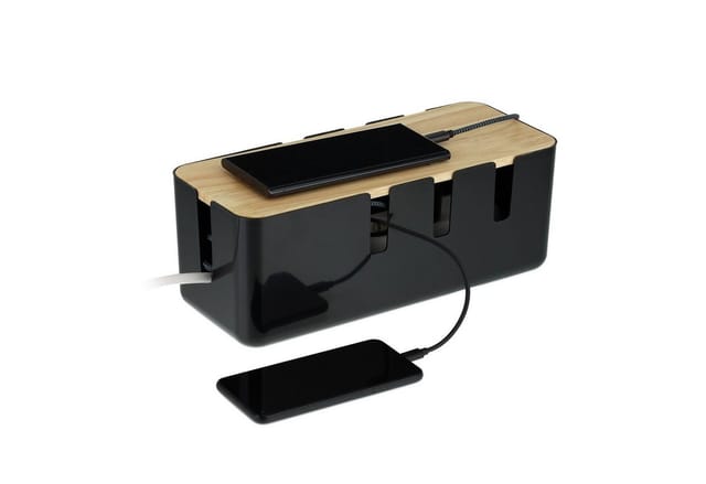 relaxdays Kabelbox mit Holzdeckel, schwarz
