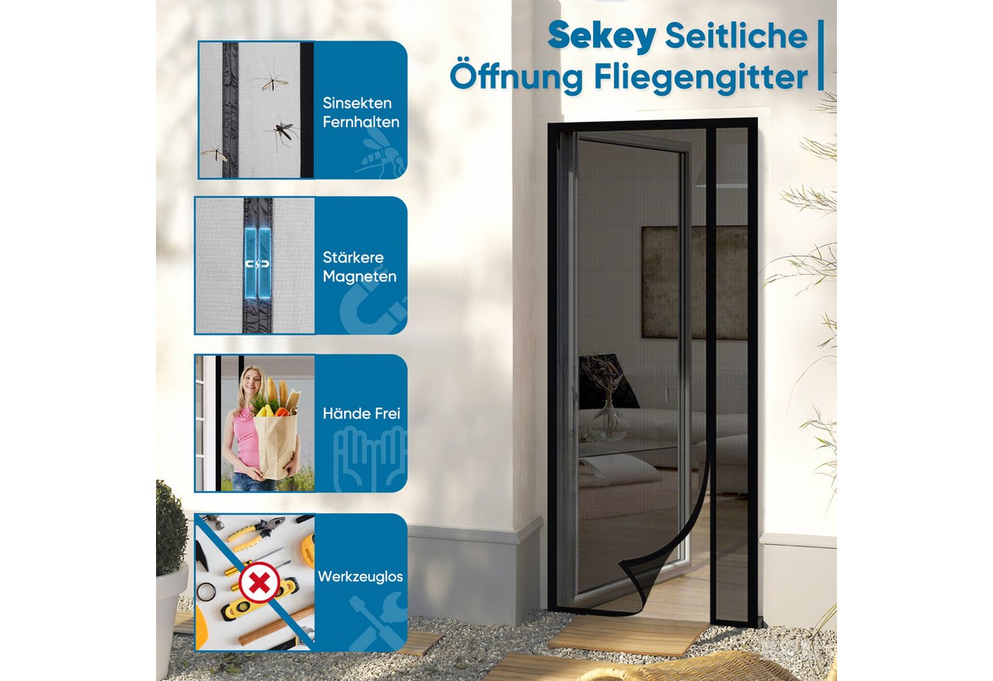 Sekey Insektenschutz-Tür Fliegengitter Mückenschutz für Balkontür und Terrassentür, magnetisch, seitliches Öffnen, Fiberglas, gegen Katzenkratzer, ohne Bohren Bild 4