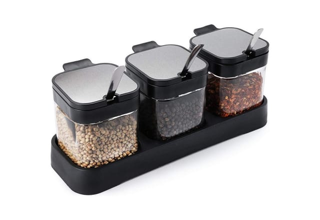 LuxusKollektion Gewürzbehälter Glas Gewürzbehälter Set 3-teilig 220 ml Deckel Löffel Halter Küche