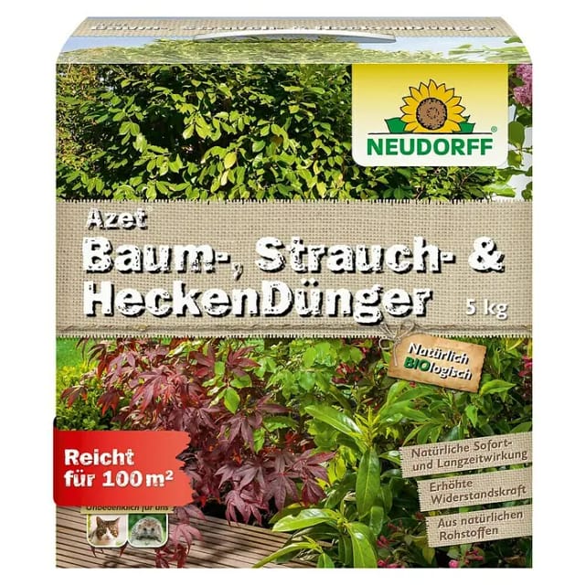 Neudorff Gartendünger Bio Azet Baum-, Strauch- und HeckenDünger 5 kg, für alle Laub- und Nadelbäume für kräftig grüne Blätter und Nadeln, mit viel Kalium für hohe Toleranz bei Trockenheit und Frost