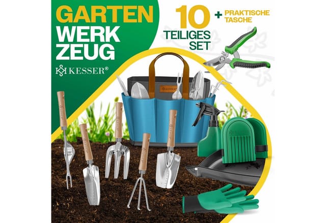 KESSER Gartenpflege-Set Gartenwerkzeug Set 10-teilig Gartengeräte mit ergonomischen Holzgriff, Handschaufel, Handgabel, Unkrautstecher, Handkelle, Handharke & Schere