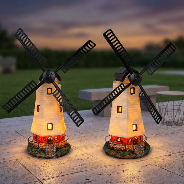 Haushalt International LED Solarleuchte, LED-Leuchtmittel fest verbaut, Warmweiß, LED Solar Außen Leuchte Garten Windmühle Vorgarten 2er Set