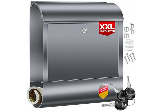 KESSER Briefkasten XXL Wandbriefkasten aus Edelstahl mit Zeitungsfach & 3 Schlüssel, Wandmontage, abschließbar, inkl. Montagematerial