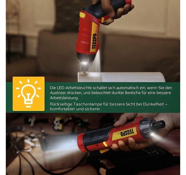 Teccpo Akku-Schrauber, 6,00 Nm, (Elektrischer Schraubendreher, 45-tlg., 2000mAh Li-Ion, 9+1 Drehmomentstufen), Selbstverriegelungsfutter, 2 LED-Lichter, Einstellbare 2 Positionen