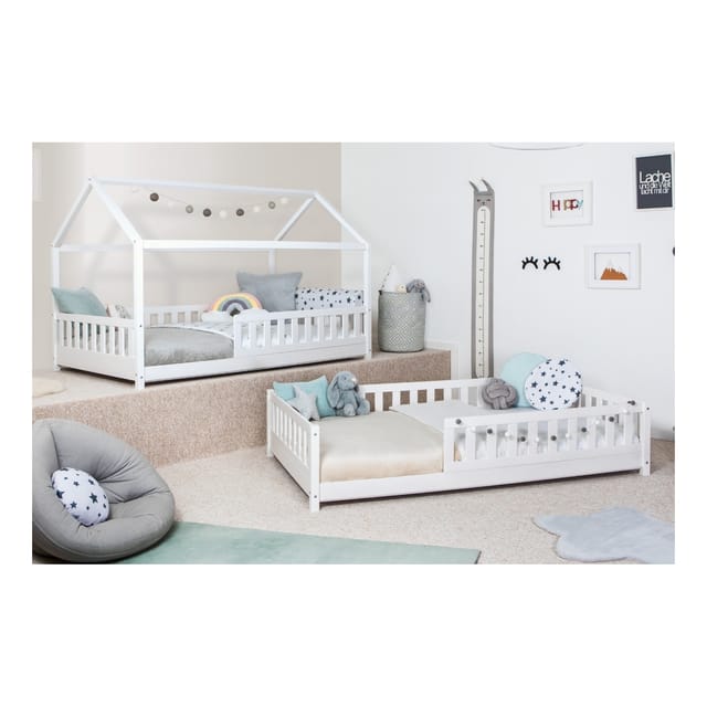 Ticaa Hausbett Duo mit Rausfallschutz aus Kiefer, Bodenbett 90x200, inkl. abnehmbarem Dach, mit Rollrost, mit Matratze