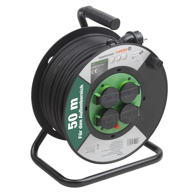 Meister Werkzeuge Kabeltrommel Verlängerungskabel H05RR-F 3G1,5mm² 50m mit 4 Steckdosen Kabeltrommel 4-fach (Feststellbremse, Handurbel, Thermoschalter - Überhitzung, Kabellänge 50 m), Hochwertige Gummischlauchleitung