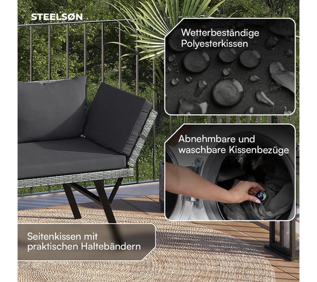 STEELSØN Gartenbank Elytra Relax-Lounge mit klappbaren Armlehnen (grau-meliert/anthrazit, inkl. Kissen), 4 Positionen dank Liegefunktion, Rattan Sitzbank wetterfest