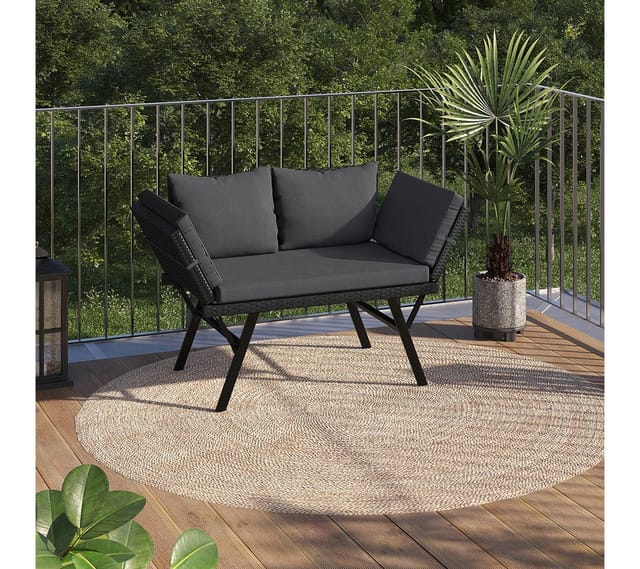 STEELSØN Gartenbank Elytra Relax-Lounge mit klappbaren Armlehnen (schwarz/anthrazit, inkl. Kissen), 4 Positionen dank Liegefunktion, Rattan Sitzbank wetterfest