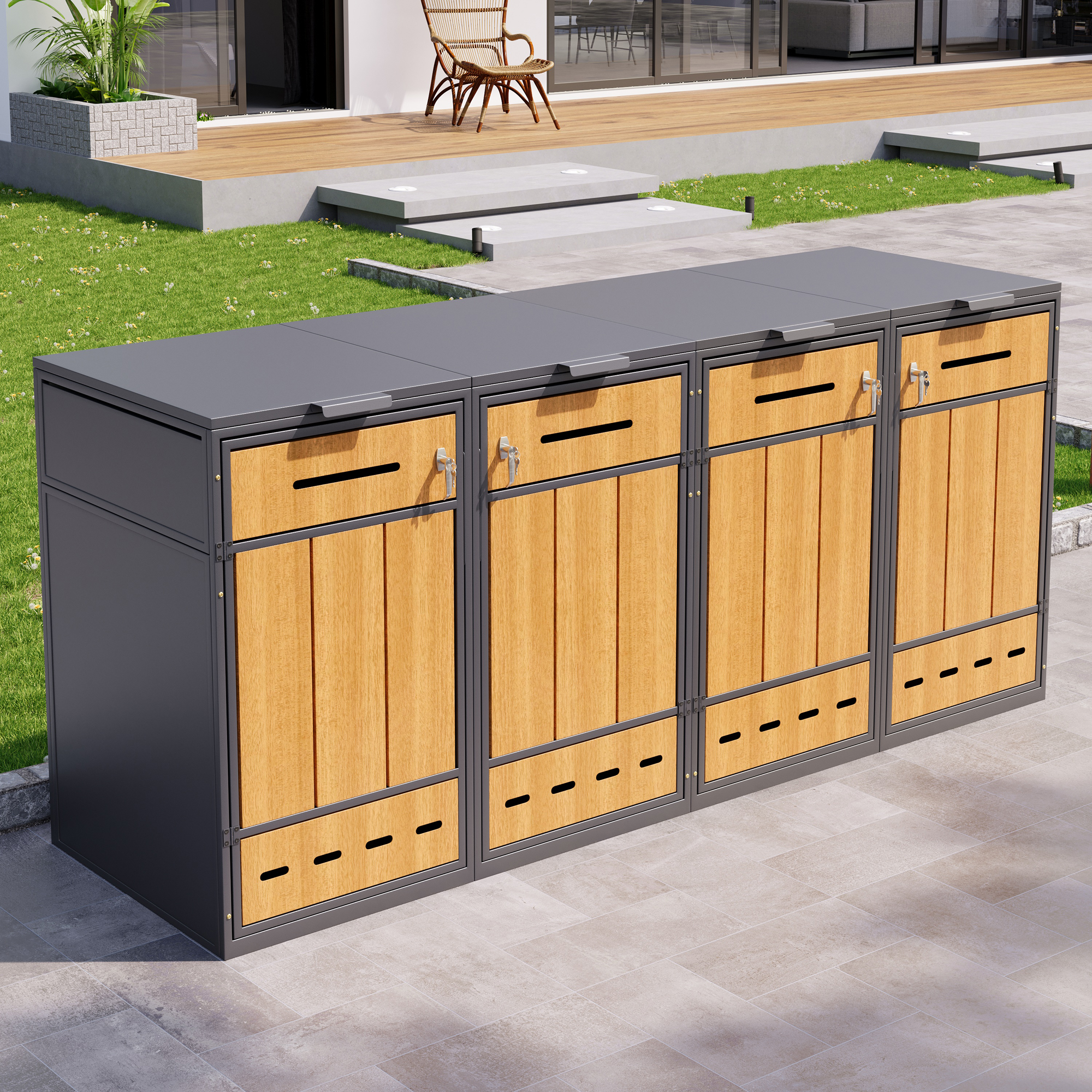 Mülltonnenbox Für 4 Mülltonnen 120-240l, Mülltonnenverkleidung Mit Klappdeckel Und Schloss, Stahl, Modernes Design, Grau Und Holzoptik