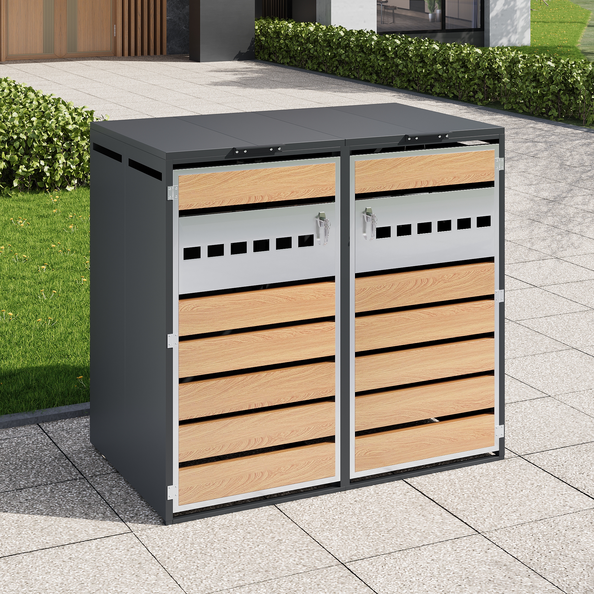 Doppel Mülltonnenbox 132x80x118.5cm Mit Hydraulischem Klappdeckel Und Schloss Verzinkter Stahl Modern Grau Und Holzoptik