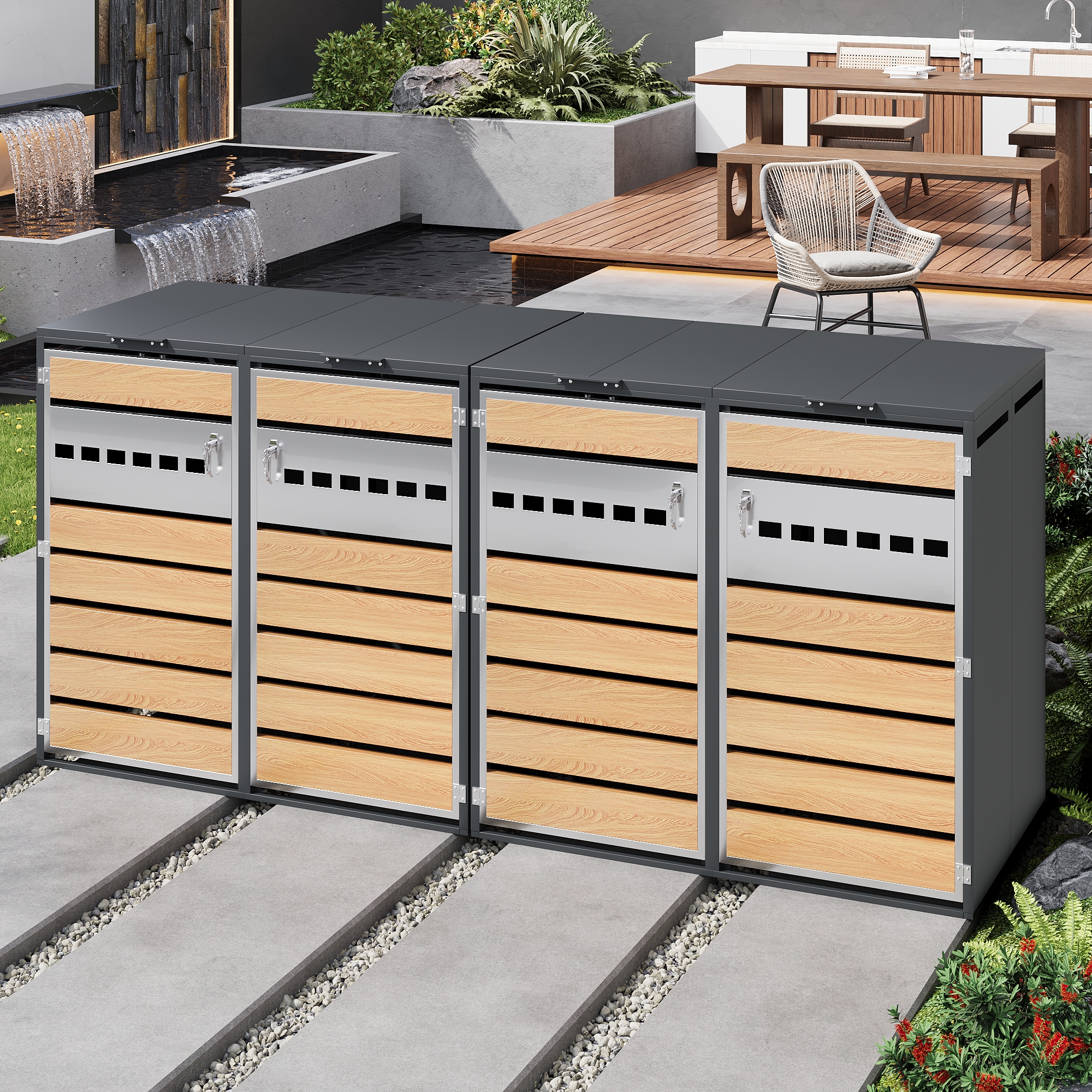 Mülltonnenbox 4 Türen Mit Hydraulischem Klappdeckel Und Schloss Aus Verzinktem Stahl Industrie-stil Grau Und Holzoptik