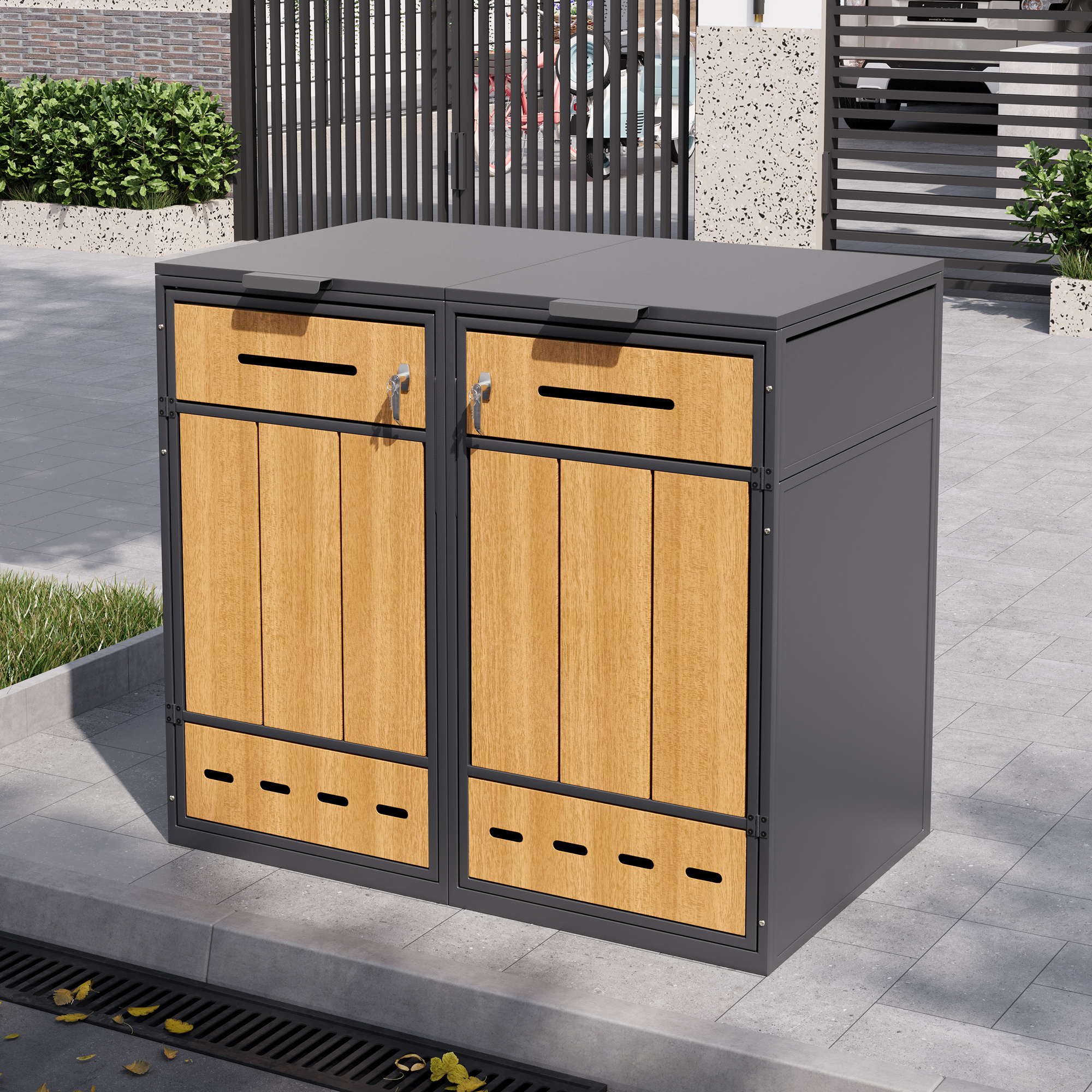Doppel Mülltonnenbox 132x118cm Für 2 Tonnen 120-240l Mit Klappdeckel Und Belüftung Aus Stahl Modernes Design Grau Und Holzoptik