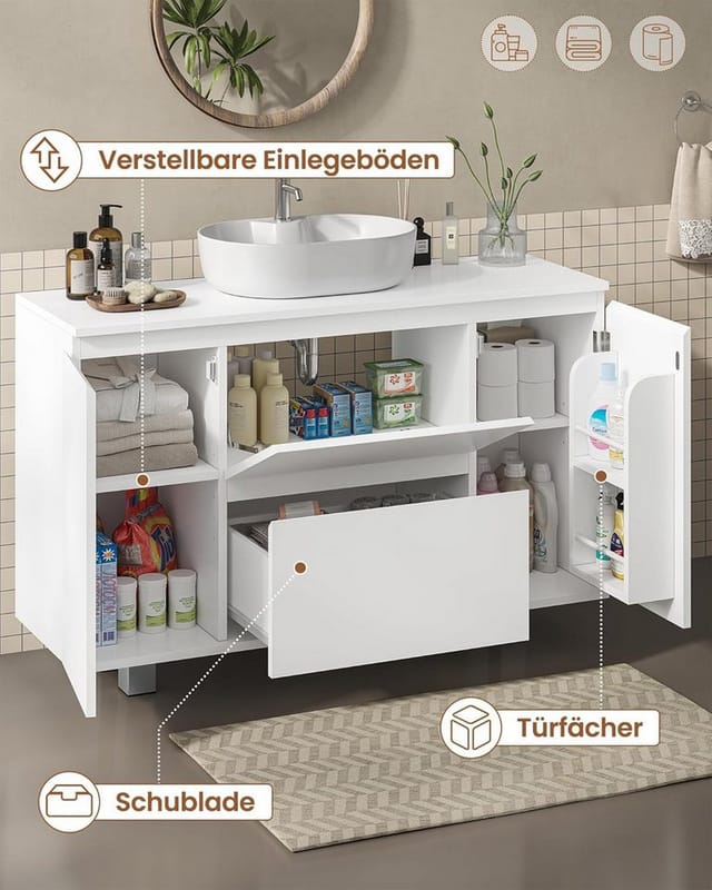 MSMASK Waschbeckenunterschrank Badezimmerschrank mit Schubladen, 90 x 30 x 60 cm, Weiß