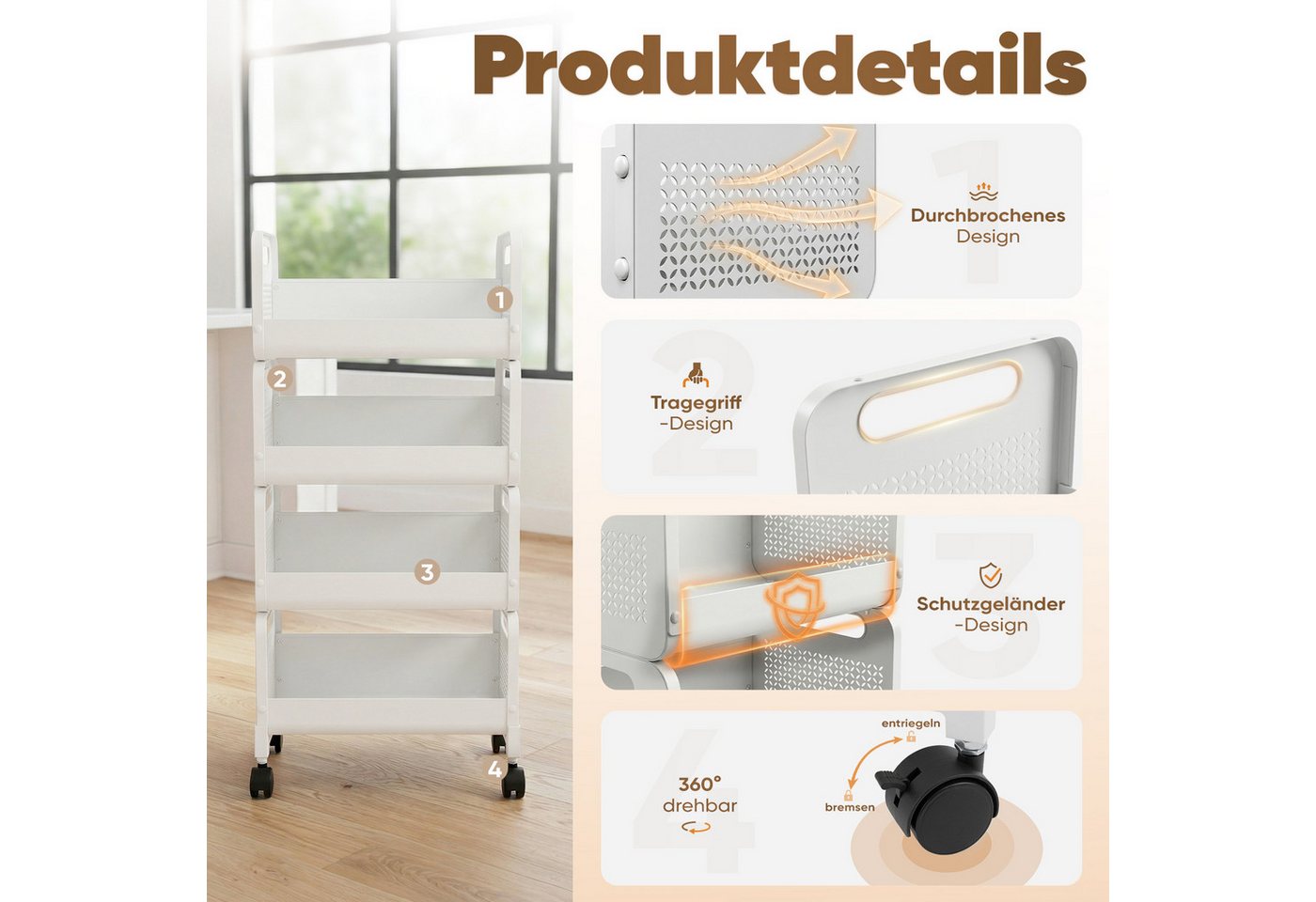 Sekey Küchenwagen Rollwagen Küche 25 cm breit, servierwagen mit rollen, gemüseregal küchenwagen Metall Aufbewahrungsregal, mit 4 Ebenen