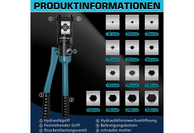 XERSEK Zangenset Hydraulische Presszange 16T Crimpzange 8–300mm² Hydraulikzange Zange, Kabelzange mit Hydraulik inkl. 13 Einsätzen mit Kabelschere, Crimpformen für Kupfer-Aluminium-Kabelschuhe