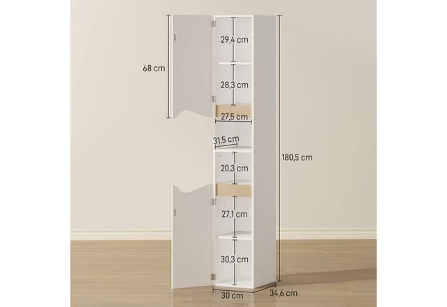 HOMCOM Badkommode mit 2 Türen, 2 Offenen Fächern und Verstellbaren Ablagen (Badschrank, 1 St., Schmal Hochschrank), für Badezimmer, Wohnzimmer, Küche 30 x 34,6 x 182 cm Weiß