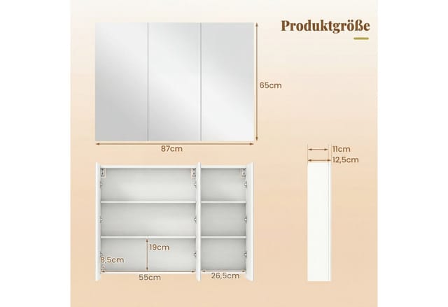 COSTWAY Spiegelschrank Bad Hängeschrank mit 3 Türen & 6 Fächern 87x65x12,5cm