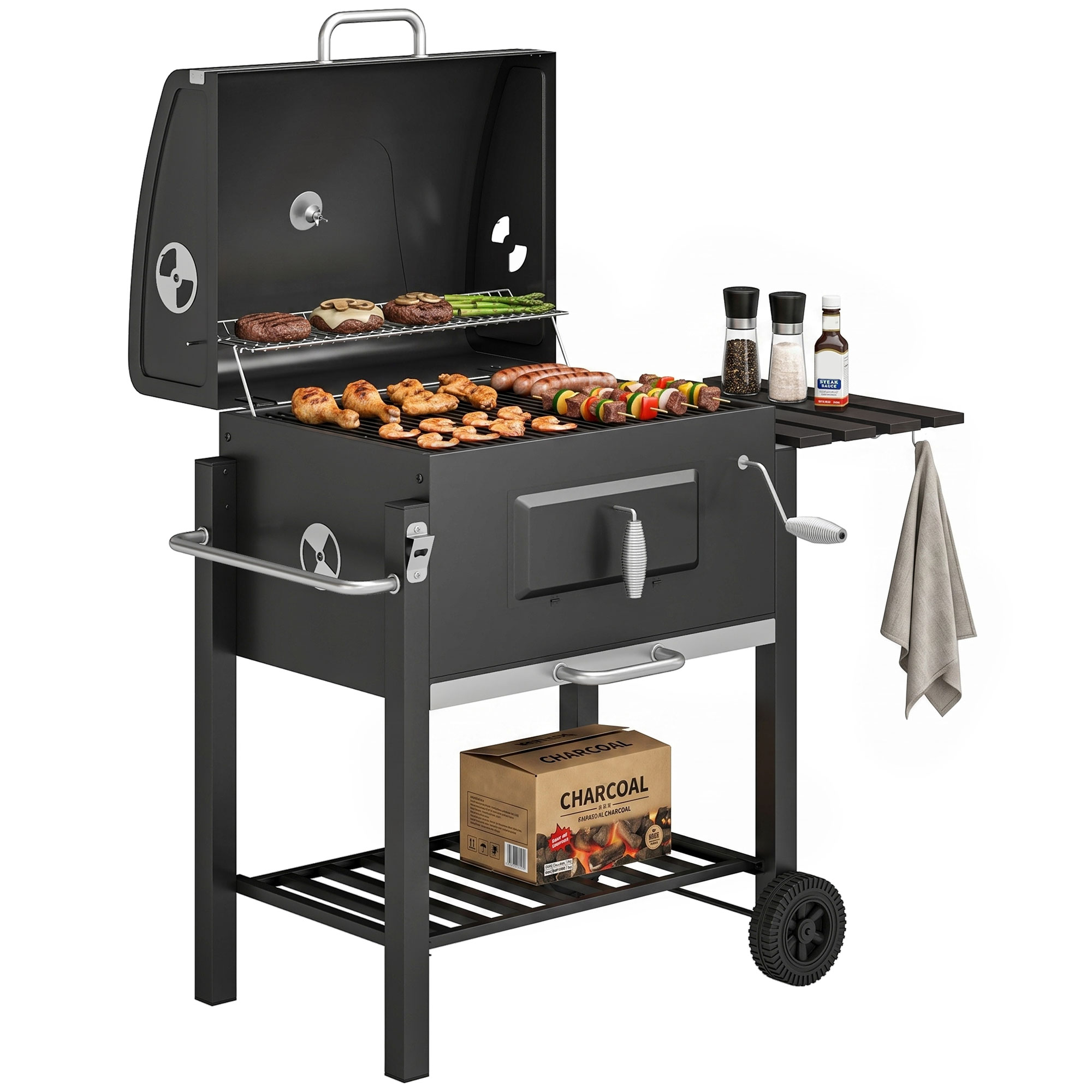 Holzkohlegrill Mit Höhenverstellbarer Kohlenpfanne & Thermometer – 55 X 41,6 Cm Grillfläche, Inkl. Warmhalterost, Seitenablage & Untergestell – Schwarz