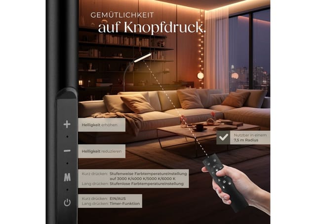 tectake Stehlampe Wohnzimmerlampe Prisma LED, 5 Lichtmodi, 12 W, dimmbar, LED, Moderne Stehlampe mit Schwanenhals für präzise Lichtausrichtung