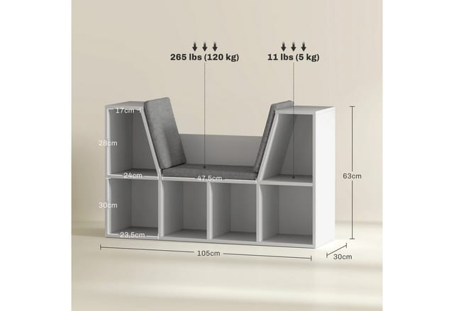 HOMCOM Bücherregal Kleiner Bücherschrank mit Sitzkissen, 6 Fächern, Leinenoptik, Aufbewahrungsregal 1-tlg., für Wohnzimmer, Schlafzimmer, 105 x 30 x 63 cm, Weiß