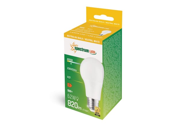 Spectrum LED-Leuchtmittel Spectrum LED E27 A60 Birnenform 9W 270° 820lm 230V Neutralweiß 4000K, E27, Neutralweiß