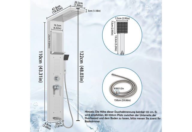 FIVMEN Duschsystem Duschpaneel aus Edelstahl mit Ablage und Armatur Duschsäule Duschset, 5 Duschmodi Massagedusche, Wasserfalldusche, Handbrause Duschset