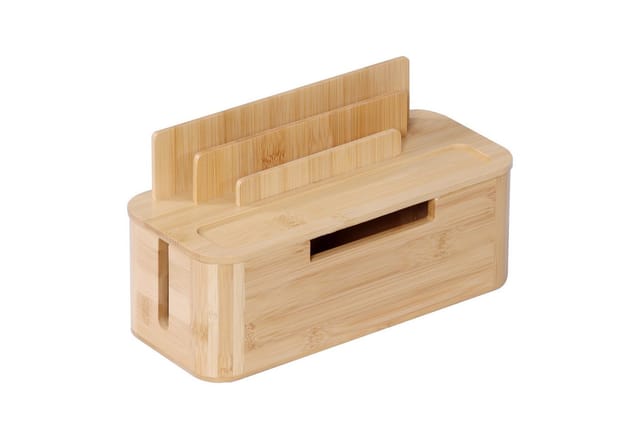relaxdays Kabelbox mit Handyhalter Bambus