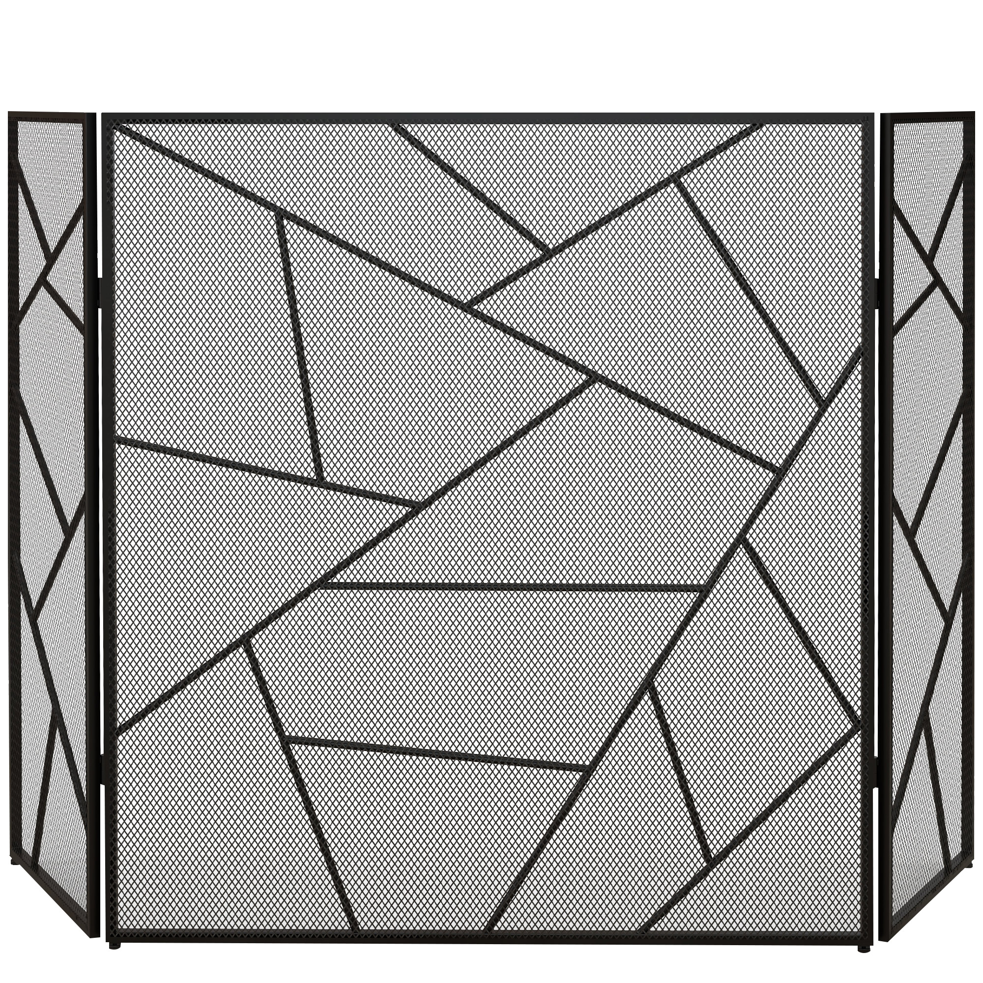 Faltbarer, Dreiteiliger Kaminschutz Aus Stahl Mit Geometrischem Design Und Rutschfesten Füßen, 135 Cm (b) X 1,2 Cm (t) X 85 Cm (h), Schwarz