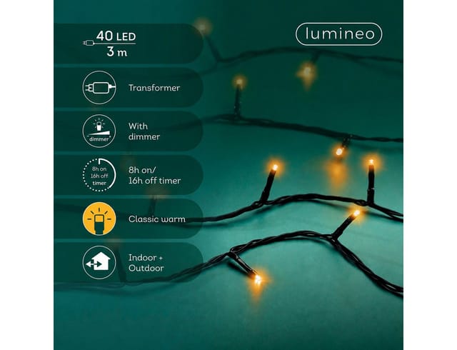 Lumineo LED-Lichterkette Lumineo Lichterkette BASIC 40 LED 3 m klassisch warm, schwarzes Kabel, Indoor/Outdoor, dimmbar, 8h-Timer, + 5 m Zuleitung