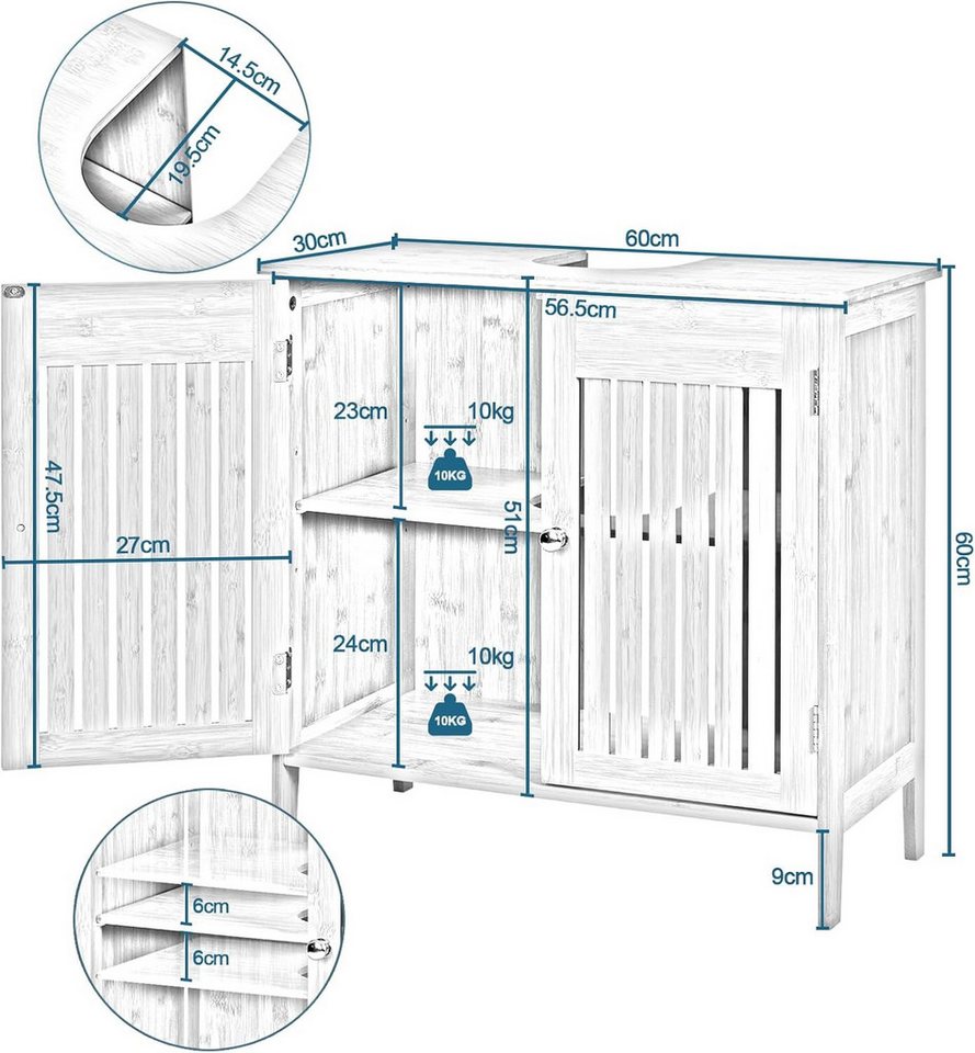 EUGAD Waschbeckenunterschrank (1-St) aus Bambus, Verstellbarer Einlegeboden, 60x60x30cm Bild 2