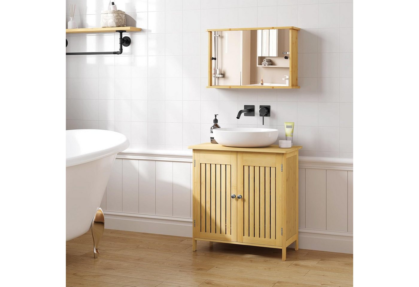 EUGAD Waschbeckenunterschrank (1-St) aus Bambus, Verstellbarer Einlegeboden, 60x60x30cm Bild 4