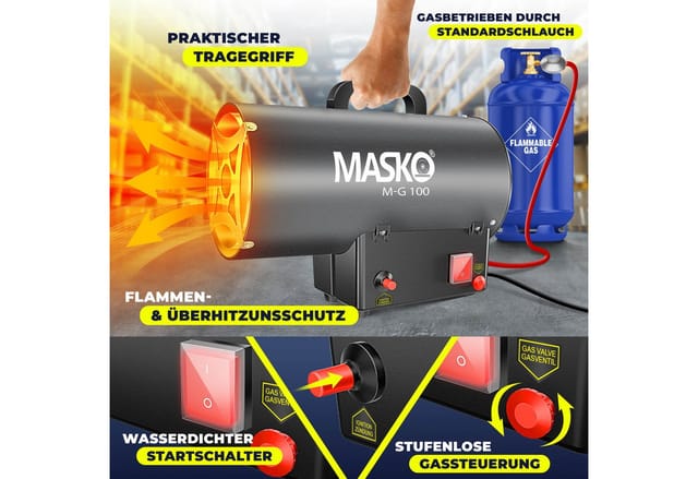 MASKO Heizgerät gasbetrieben inkl. Gasschlauch & Druckminderer Anschluss zu Gasflasche, 10000 W, Gas Heizlüfter mit Turbo Ventilator, Gasheizer Piezo-Zündung