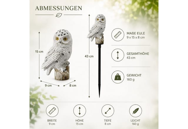 BURI Kugelleuchte Solar LED Eule auf Steckstab Gartenfigur Gartenbeleuchtung Solarlampe