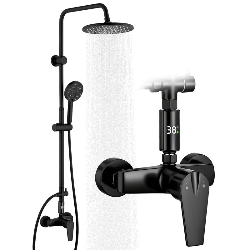 Duschsäule Schwarz Mit Mechanischer Mischbatterie Led Anzeige Höhenverstellbar Ohne Zusatzbohrung 3 Strahl Handbrause Messing Wandmontage