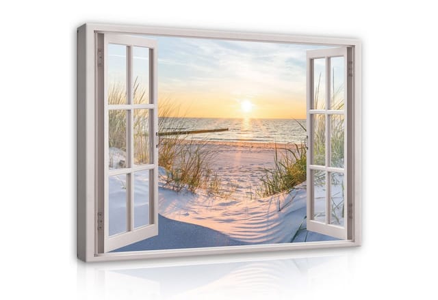 Wallarena Leinwandbild Fensterblick Natur Strand Meer Fenster Modern Leinwandbilder Bilder, Fenster - Natur (Bilder Groß - Wandbilder XXL - Wand Deko Einteilig, 1 St), Leinwandbild Wohnzimmer Badezimmer Küche Wand Deko Bilder Modern 80x60