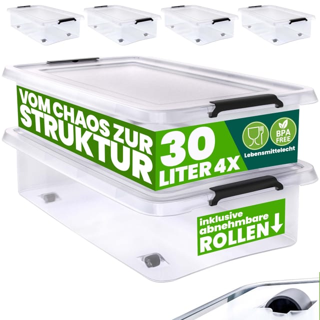 Deuba Aufbewahrungsbox (4 St), 30L Deckel stapelbar Rollen Kunststoff BPA frei Rollbox Kunststoffbox