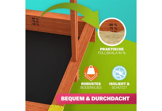 Spielwerk Sandkasten Sami, mit Dach 120x120cm Imprägniertes Holz Füllstand Skala UV 50+