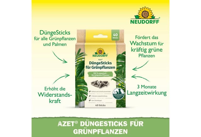 Neudorff Pflanzendünger Bio - Azet DüngeSticks für Grünpflanzen 40 Sticks, Bio Düngestäbchen für kräftig grüne Grünpflanzen und Palmen, Düngestäbchen Zimmerpflanzen aus natürlichen Rohstoffen