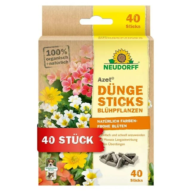 Neudorff Pflanzendünger Bio - Azet DüngeSticks für Blühpflanzen 40 Sticks, Bio Düngestäbchen für kräftiges Wachstum und vielen farbenfrohe Blüten, Düngestäbchen Zimmerpflanzen aus natürlichen Rohstoffen
