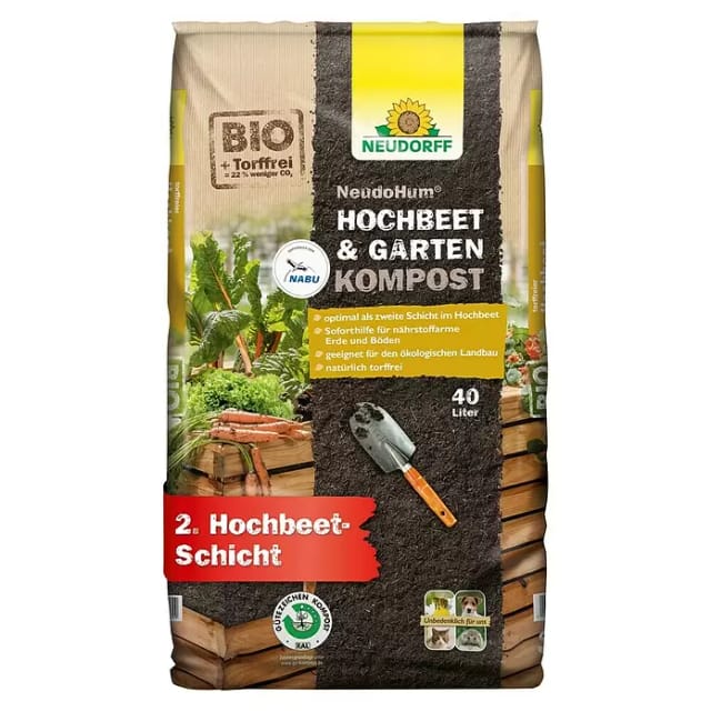 Neudorff Bio-Erde NeudoHum Bio Hochbeet- und GartenKompost 40 Liter, mit Bodenhilfsstoff / Komposterde, (Torffreier Bio-Kompost ideal als zweite Schicht im Hochbeet, unkrautfrei und nährstoffreich), verbessert die Struktur des Bodens und das Leben im Boden